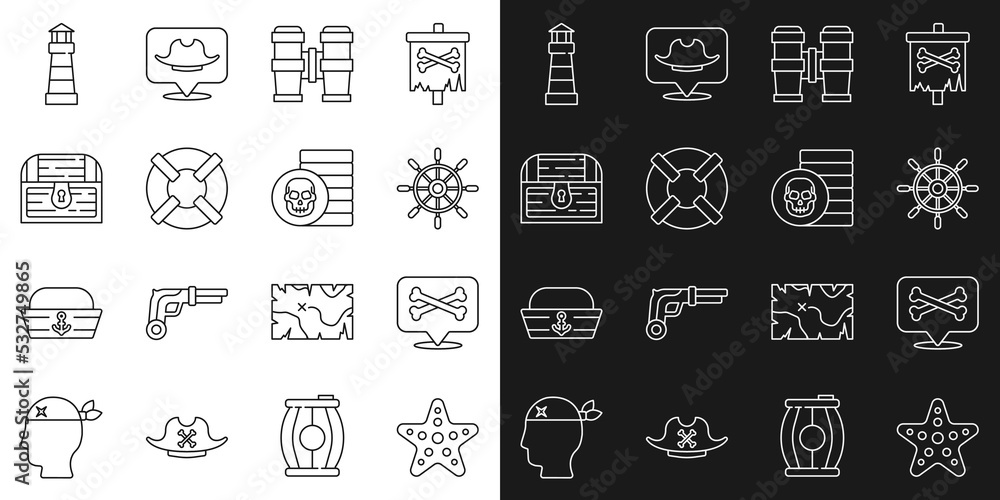 Set line Starfish, Location pirate, Ship steering wheel, Binoculars, Lifebuoy, Antique treasure chest, Lighthouse and Pirate coin icon. Vector