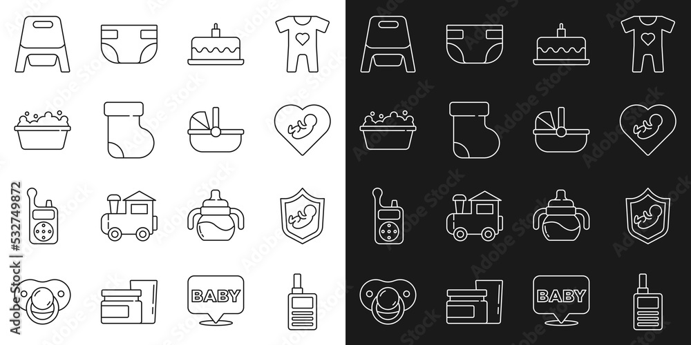 Set line Baby Monitor Walkie Talkie, shield, inside heart, Cake with burning candles, socks clothes, bathtub, potty and stroller icon. Vector Set line Baby Monitor Walkie Talkie, shield, inside heart, Cake with burning candles, socks clothes, bathtub, potty and stroller icon. Vector