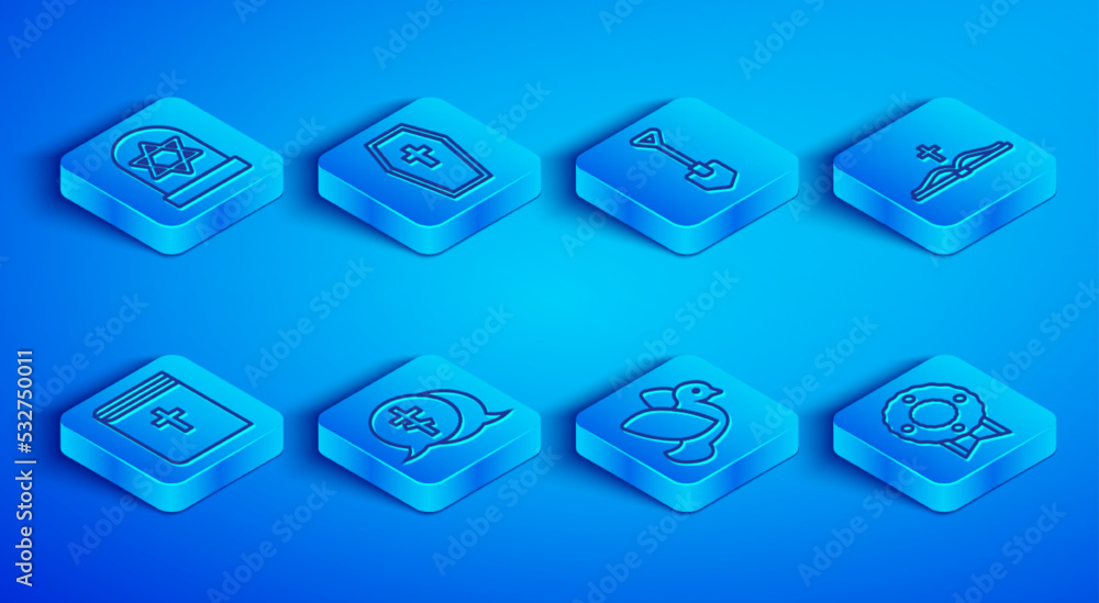 Set line Grave with star of david, Coffin cross, Shovel, Dove, Holy bible book, and Memorial wreath icon. Vector Set line Grave with star of david, Coffin cross, Shovel, Dove, Holy bible book, and Memorial wreath icon. Vector