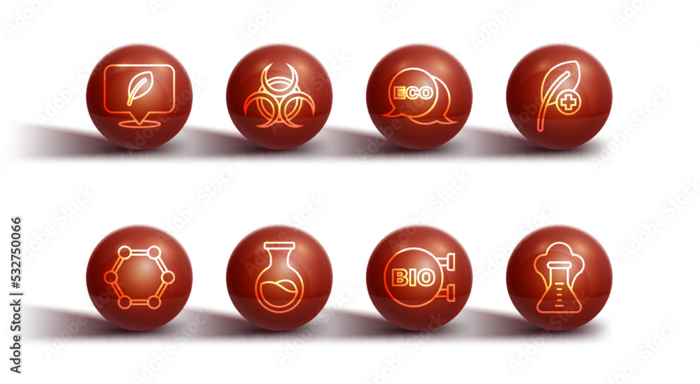 Set line Location with leaf, Molecule, Leaf or leaves, Bio healthy food, Test tube and flask, Biohazard symbol, Chemical explosion and Label for eco icon. Vector Set line Location with leaf, Molecule, Leaf or leaves, Bio healthy food, Test tube and flask, Biohazard symbol, Chemical explosion and Label for eco icon. Vector