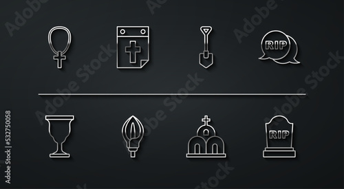 Set line Christian cross on chain, chalice, Speech bubble rip death, Church building, Lily flower, Calendar, Tombstone with RIP written and Shovel icon. Vector