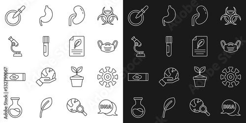 Set line DNA symbol, Bacteria, Medical protective mask, Human kidney, Test tube and flask, Microscope, Petri dish with pipette and Eco paper leaf icon. Vector
