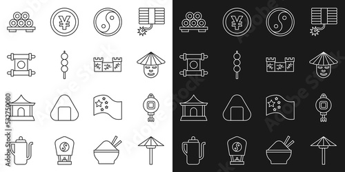 Set line Japanese umbrella from the sun, Chinese paper lantern, man, Yin Yang, Meatballs on wooden stick, Decree, paper, parchment, scroll, Sushi cutting board and Great wall of China icon. Vector