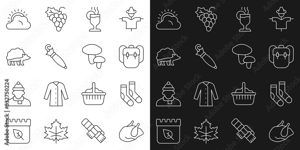 Set line Roasted turkey or chicken, Socks, School backpack, Mulled wine, Umbrella, Hedgehog, Sun and cloud weather and Mushroom icon. Vector Set line Roasted turkey or chicken, Socks, School backpack, Mulled wine, Umbrella, Hedgehog, Sun and cloud weather and Mushroom icon. Vector