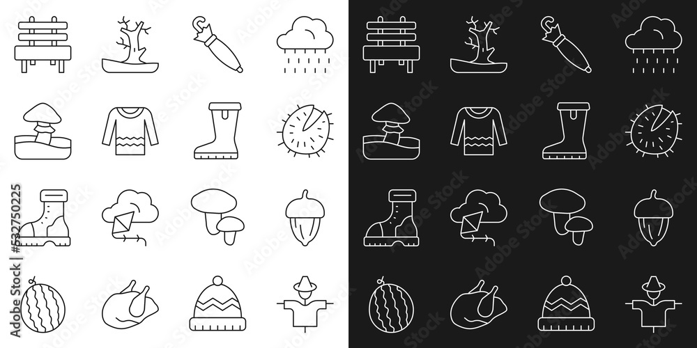 Set line Scarecrow, Acorn, Chestnut, Umbrella, Sweater, Mushroom, Bench and Waterproof rubber boot icon. Vector