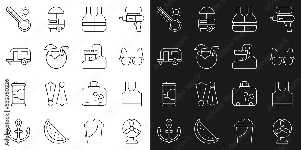 Set line Electric fan, Sleeveless T-shirt, Glasses, Life jacket, Coconut cocktail, Rv Camping trailer, Meteorology thermometer and Sand castle icon. Vector
