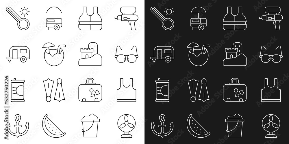 Set line Electric fan, Sleeveless T-shirt, Glasses, Life jacket, Coconut cocktail, Rv Camping trailer, Meteorology thermometer and Sand castle icon. Vector Set line Electric fan, Sleeveless T-shirt, Glasses, Life jacket, Coconut cocktail, Rv Camping trailer, Meteorology thermometer and Sand castle icon. Vector