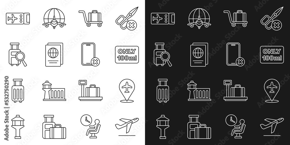 Set line Plane takeoff, Liquids in carry-on baggage, Trolley, Passport, Lost, Airline ticket and No cell phone icon. Vector
