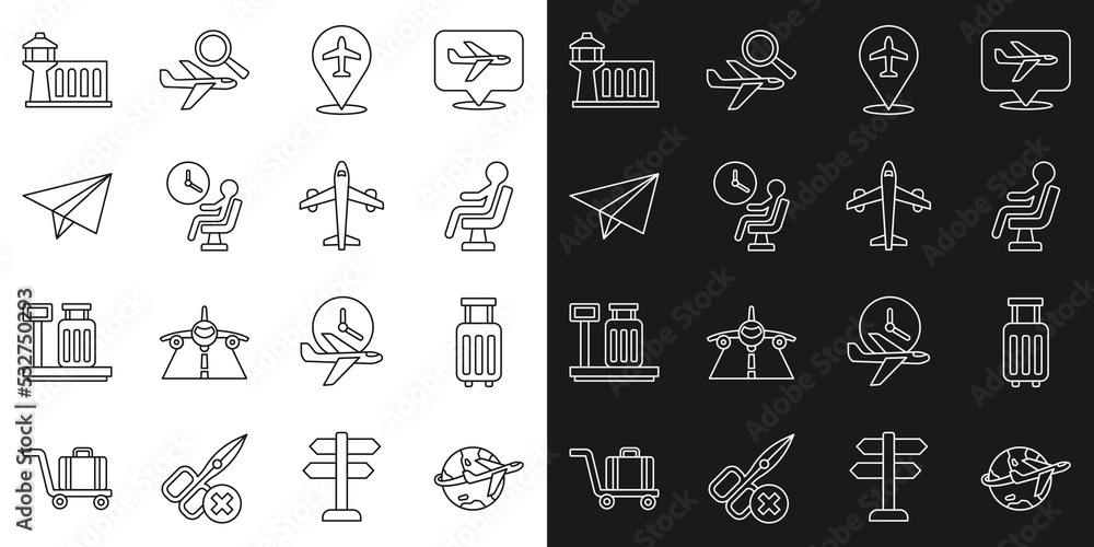 Set line Globe with flying plane, Suitcase, Human waiting airport terminal, Plane, Paper airplane, Airport control tower and icon. Vector