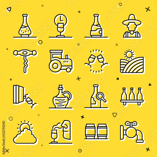 Set line Tap for a barrel, Bottle of wine, Vineyard grapes, Tractor, Wine corkscrew, Decanter and tasting, degustation icon. Vector