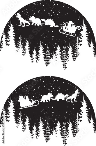 Dinosaur Sleigh Ride, Christmas Scene, Santa, Christmas Holiday, Vector Illustration File