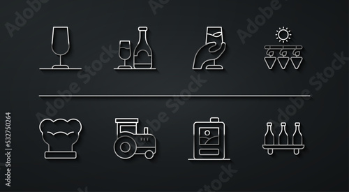 Set line Wine glass, Chef hat, Drying grapes, Cardboard box of wine, Tractor, bottle with, Bottle and tasting, degustation icon. Vector