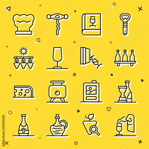 Set line Sommelier, Bottle of wine, Book about, Wine glass, Drying grapes, Chef hat and tasting, degustation icon. Vector
