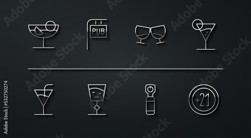 Set line Cocktail, Martini glass, Bottle opener, Wine, Street signboard with Pub, Alcohol 21 plus and Glass of cognac or brandy icon. Vector