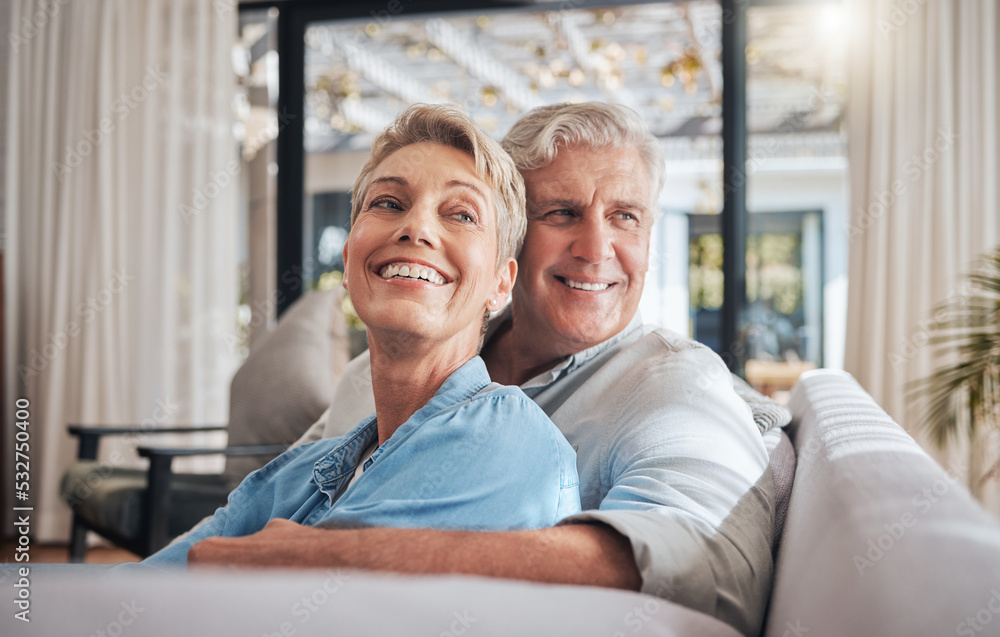 Love, couple and retirement with a senior woman and man on a sofa to relax in their home together. Happy, smile and thinking with an elderly male and female pensioner in the living room of a house Love, couple and retirement with a senior woman and man on a sofa to relax in their home together. Happy, smile and thinking with an elderly male and female pensioner in the living room of a house
