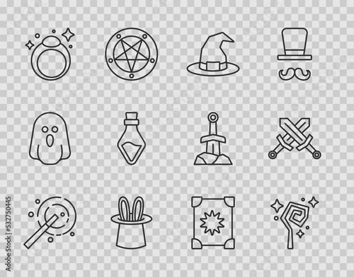 Set line Magic wand, staff, Witch hat, Magician rabbit ears, stone ring, Bottle with potion, Ancient magic book and Crossed medieval sword icon. Vector