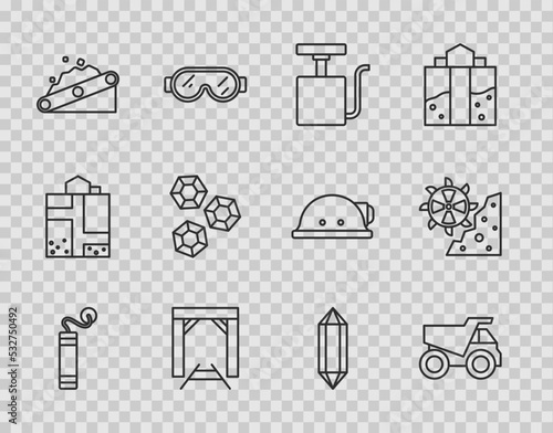 Set line Dynamite, Mining dump truck, Handle detonator, Mine entrance, Conveyor belt carrying coal, Gem stone, and Bucket wheel excavator icon. Vector