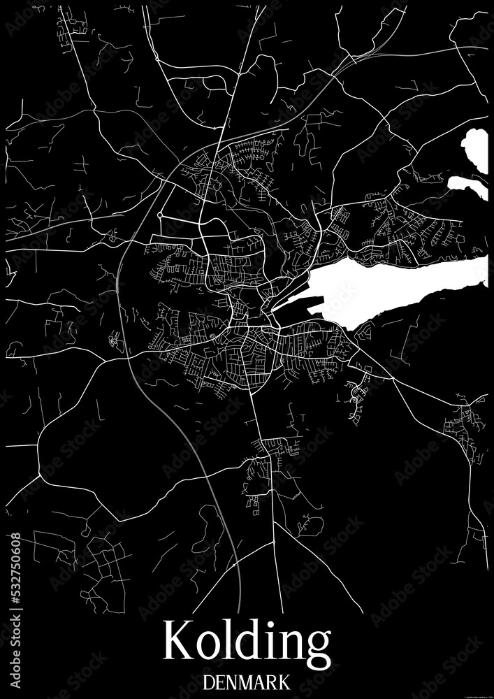 Black and White city map poster of Kolding Denmark.