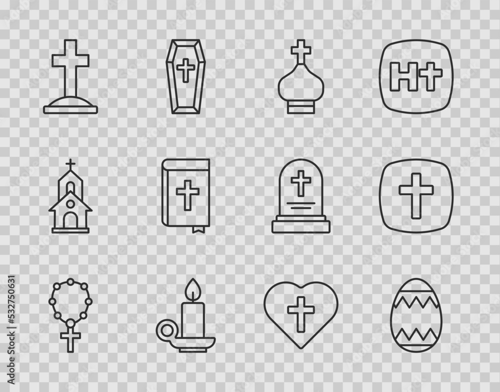 Set line Rosary beads religion, Easter egg, Christian church tower, Burning candle in candlestick, Grave with cross, Holy bible book, heart and icon. Vector Set line Rosary beads religion, Easter egg, Christian church tower, Burning candle in candlestick, Grave with cross, Holy bible book, heart and icon. Vector