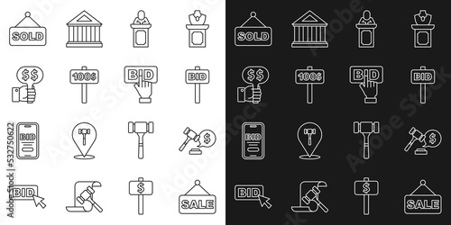 Set line Price tag with Sale, Auction hammer price, Hand holding auction paddle, auctioneer sells, sold and Bid icon. Vector