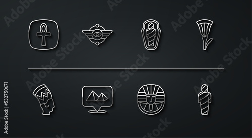 Set line Cross ankh, Nefertiti, Egyptian lotus, pharaoh, pyramids, symbol Winged sun, mummy and sarcophagus icon. Vector