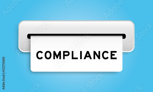 White coupon banner with word compliance from machine on blue color background