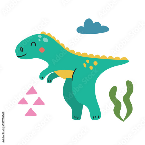 Cute bright dinosaur in doodle style. Vector illustration on a white background for decorating a children's room and textiles.