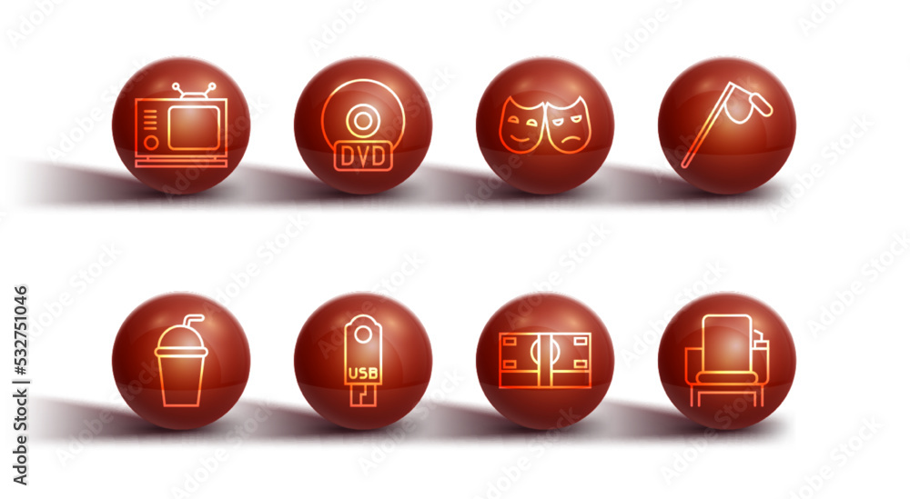 Set line Retro tv, Paper glass with straw, Microphone, Stacks paper money cash, USB flash drive, CD or DVD disk, Cinema chair and Comedy and tragedy masks icon. Vector Set line Retro tv, Paper glass with straw, Microphone, Stacks paper money cash, USB flash drive, CD or DVD disk, Cinema chair and Comedy and tragedy masks icon. Vector