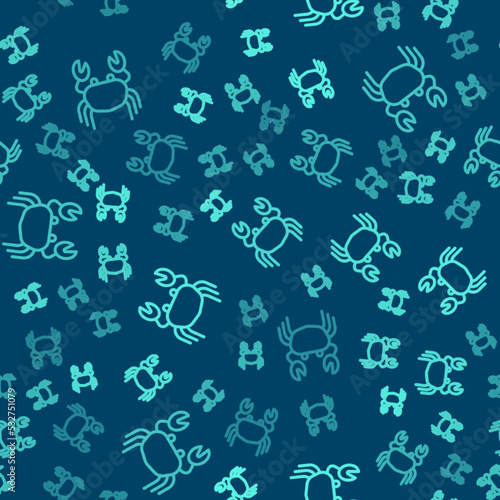 Green line Crab icon isolated seamless pattern on blue background. Vector