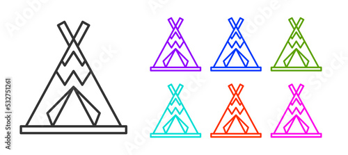 Black line Traditional indian teepee or wigwam icon isolated on white background. Indian tent. Set icons colorful. Vector