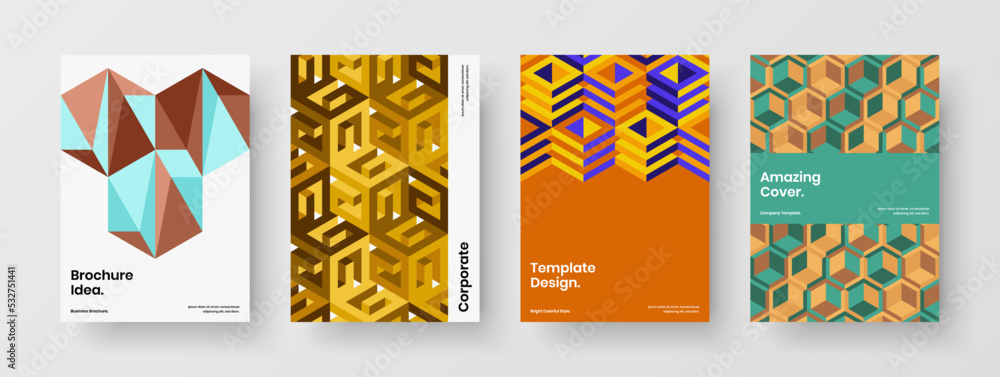 Fototapeta premium Clean geometric shapes presentation template composition. Vivid leaflet A4 vector design illustration bundle.