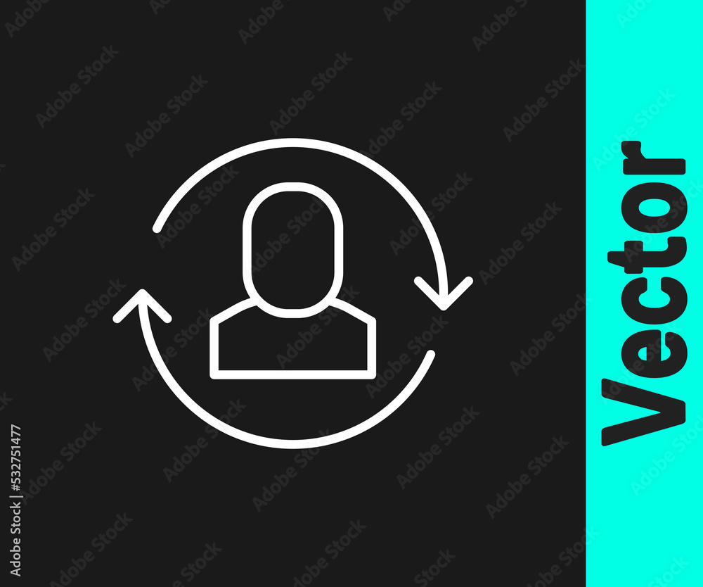 White line Exchange work icon isolated on black background. Information exchange between people. Employee or people Replacement or swap position concept. Vector White line Exchange work icon isolated on black background. Information exchange between people. Employee or people Replacement or swap position concept. Vector