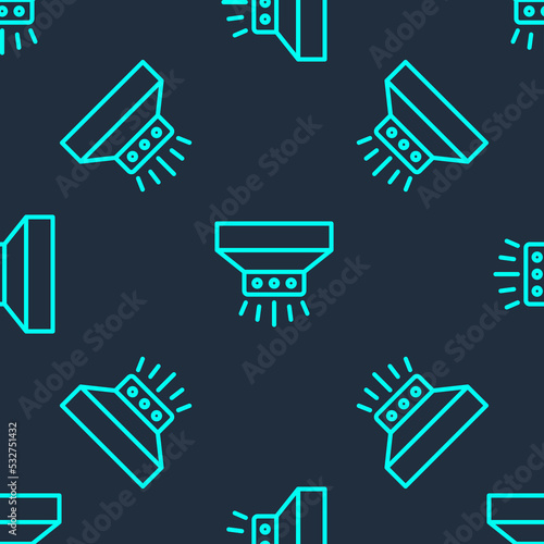 Green line Fire sprinkler system icon isolated seamless pattern on blue background. Sprinkler, fire extinguisher solid icon. Vector