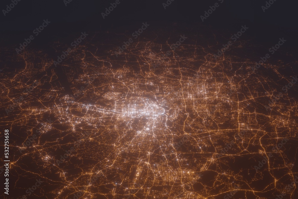 Aerial shot of Guangzhou (China) at night, view from north. Imitation of satellite view on modern city with street lights and glow effect. 3d render