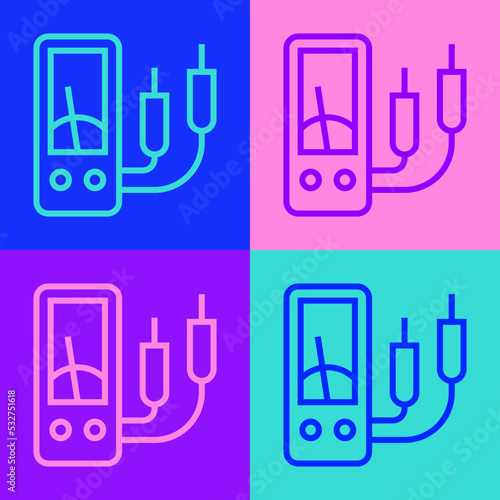 Pop art line Ampere meter, multimeter, voltmeter icon isolated on color background. Instruments for measurement of electric current. Vector