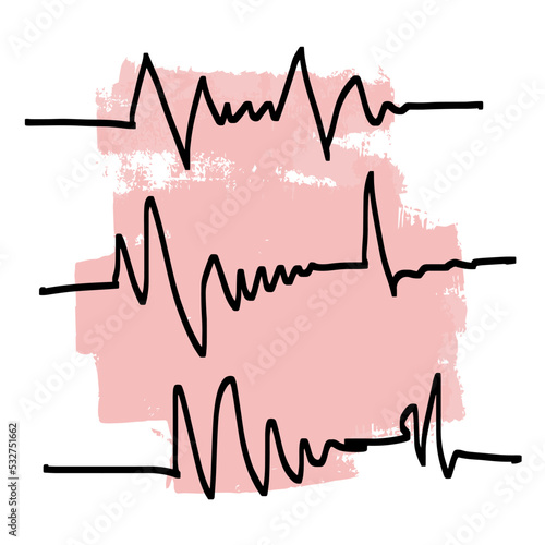 Three lines trembling with a large amplitude and frequency on a pink background. Pulse or illustration of the vibration of the voice of the voice. Vector doodle on the background of a paint spot.