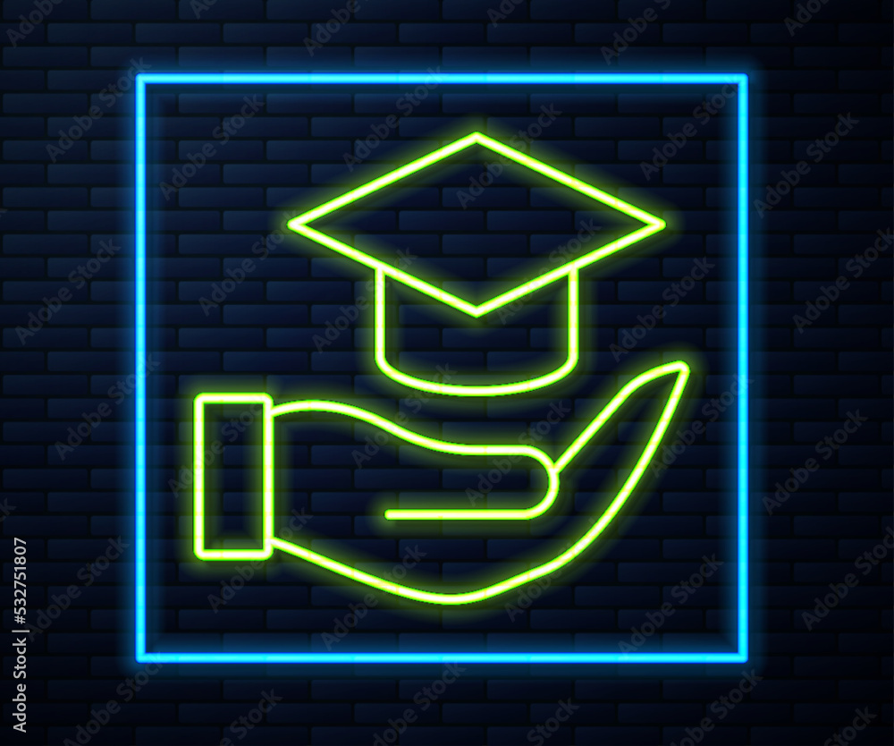 Glowing neon line Education grant icon isolated on brick wall background. Tuition fee, financial education, budget fund, scholarship program, graduation hat. Vector Glowing neon line Education grant icon isolated on brick wall background. Tuition fee, financial education, budget fund, scholarship program, graduation hat. Vector