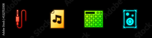Set Audio jack, Music book with note, Drum machine and Stereo speaker icon. Vector