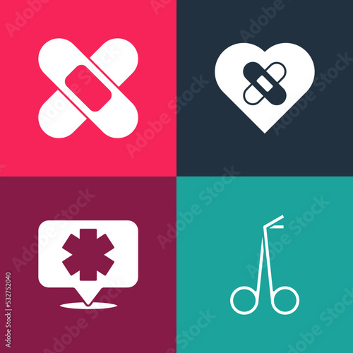 Set pop art Medical scissors, symbol of the Emergency, Healed broken heart and Crossed bandage plaster icon. Vector