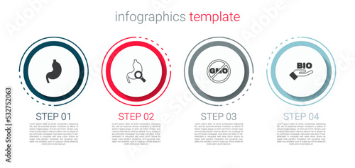 Set Human stomach, Stomach with magnifying glass, No GMO and Bio healthy food. Business infographic template. Vector