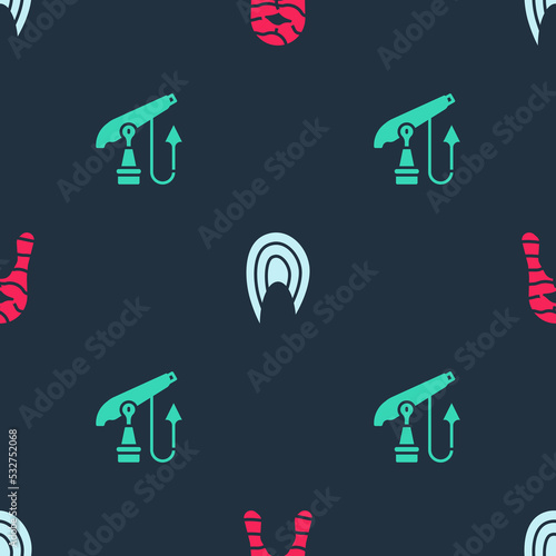 Set Fish steak, and Fishing harpoon on seamless pattern. Vector