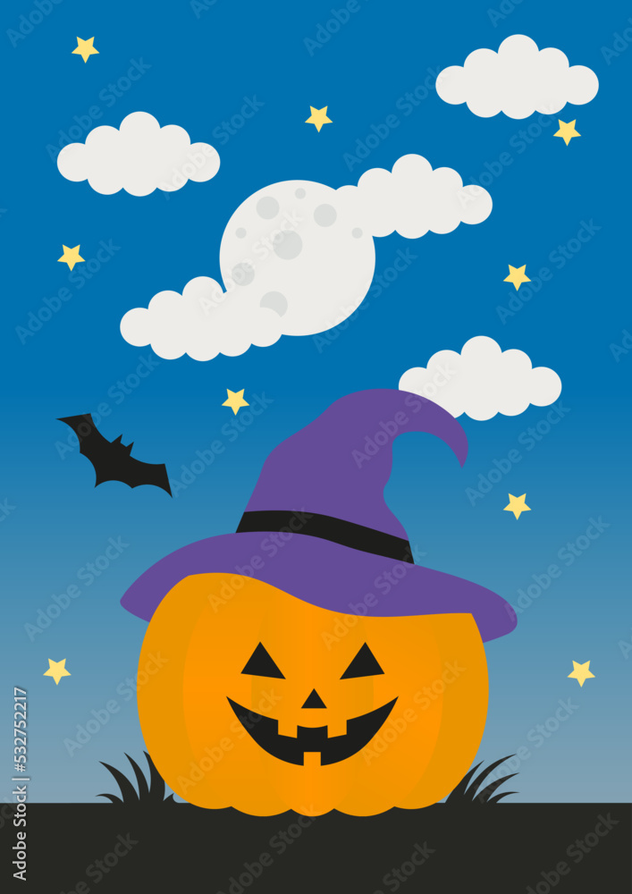 Fototapeta premium Pumpkin cartoon at night with full moon, stars and bat. Illustration of halloween elements.