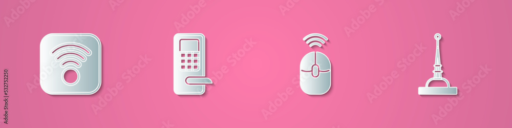 Set paper cut Wi-Fi wireless internet, Digital door lock, Wireless computer mouse and Antenna icon. Paper art style. Vector Set paper cut Wi-Fi wireless internet, Digital door lock, Wireless computer mouse and Antenna icon. Paper art style. Vector
