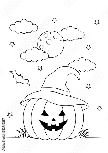 Pumpkin at night with full moon coloring page. Illustration of halloween elements ideal for schoolwork.