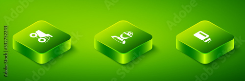 Set Isometric Miner in a helmet, Flashlight and Mining dump truck icon. Vector