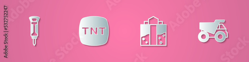 Set paper cut Construction jackhammer, Dynamite, Mine entrance and Mining dump truck icon. Paper art style. Vector