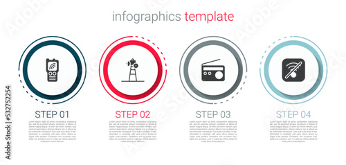 Set Walkie talkie, Satellite dish, Radio and No Wi-Fi wireless internet. Business infographic template. Vector