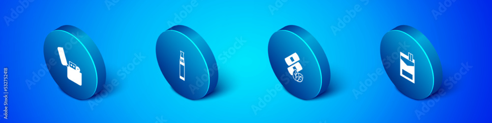 Set Isometric Lighter, Medical nicotine patches, Cigarettes pack box and Electronic cigarette icon. Vector Set Isometric Lighter, Medical nicotine patches, Cigarettes pack box and Electronic cigarette icon. Vector