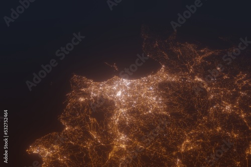 Fototapeta Naklejka Na Ścianę i Meble -  Aerial shot on Marseille (France) at night, view from east. Imitation of satellite view on modern city with street lights and glow effect. 3d render