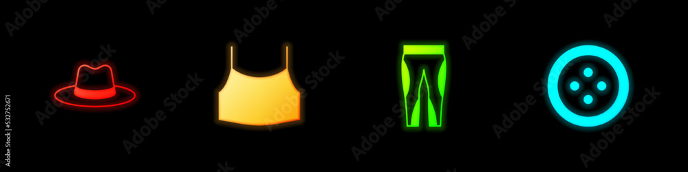 Set Man hat, Female crop top, Leggings and Sewing button for clothes icon. Vector Set Man hat, Female crop top, Leggings and Sewing button for clothes icon. Vector